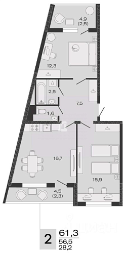 2-комнатная квартира (61.3 кв.м.)