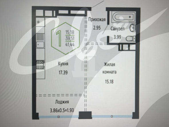 1-комнатная квартира (41.44 кв.м.)