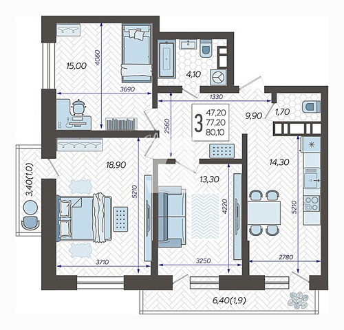 3-комнатная квартира (80.1 кв.м.)