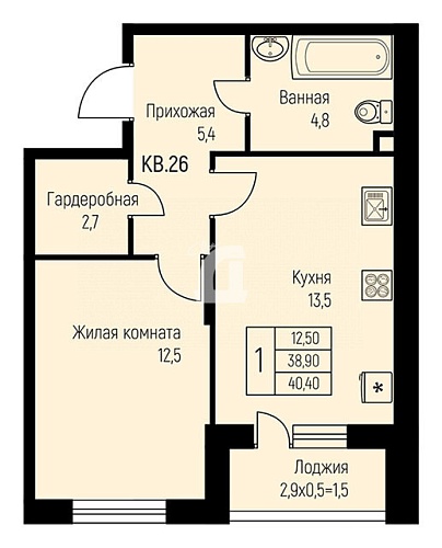 1-комнатная квартира (40.4 кв.м.)