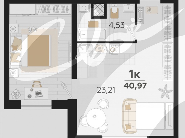 1-комнатная квартира (40.97 кв.м.)