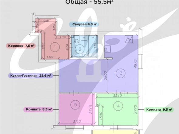 2-комнатная квартира (55.5 кв.м.)