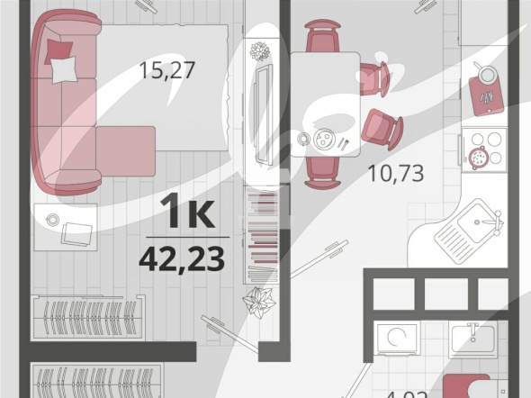 1-комнатная квартира (42.23 кв.м.)