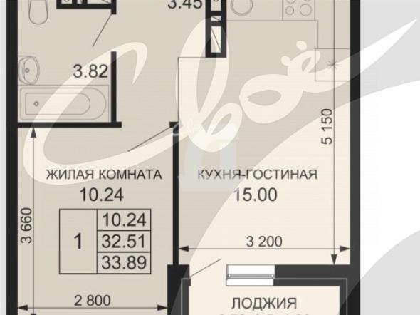 1-комнатная квартира (33.76 кв.м.)