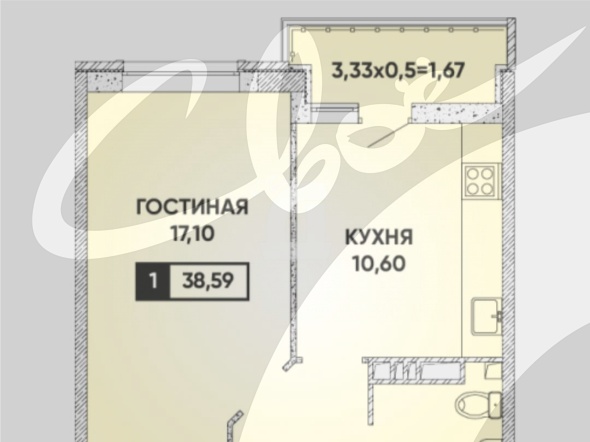 1-комнатная квартира (35.2 кв.м.)