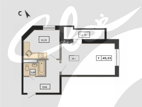 1-комнатная квартира (45.3 кв.м.)
