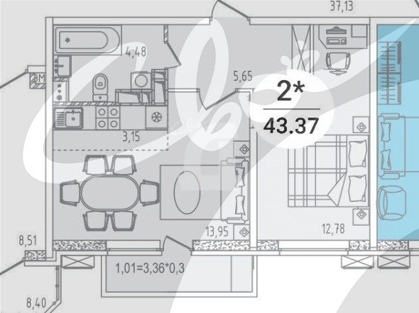 2-комнатная квартира (43.37 кв.м.)