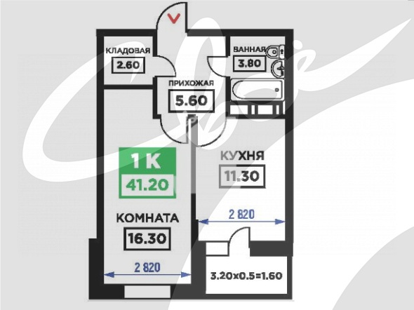 1-комнатная квартира (41.6 кв.м.)